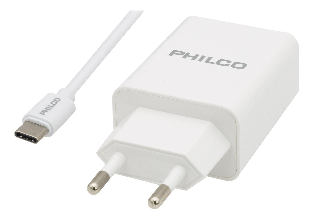 Cargador Celular 2.1 Doble Usb /cable Tipo C Blanco, Philco Color Blanco