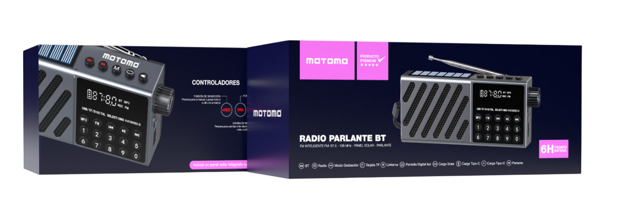 RADIO BLUETOOTH FM/AM/MP3 PANEL SOLAR 6H  MOTOMO PAPOBT36